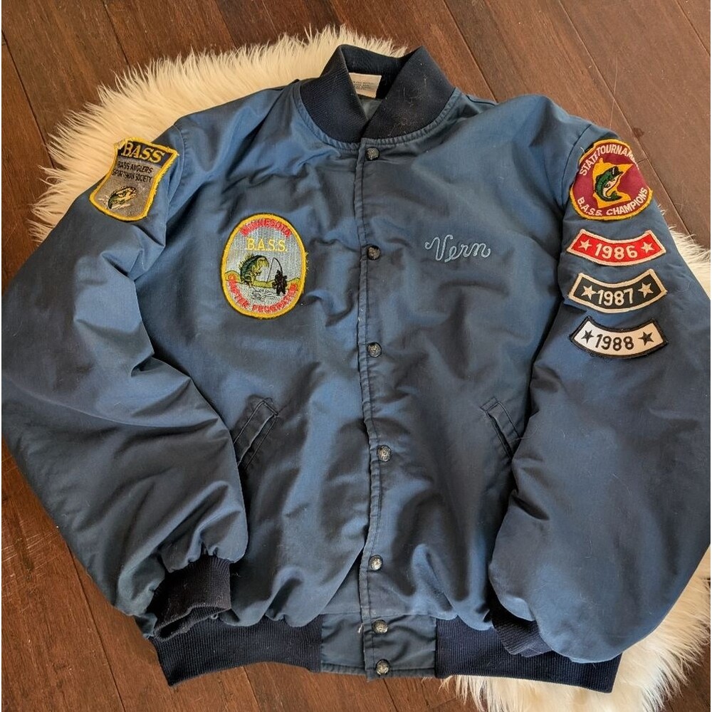 Vintage Bomber Jacket Bass Master Vern Navy Blue Men's Embroidered Patches XL